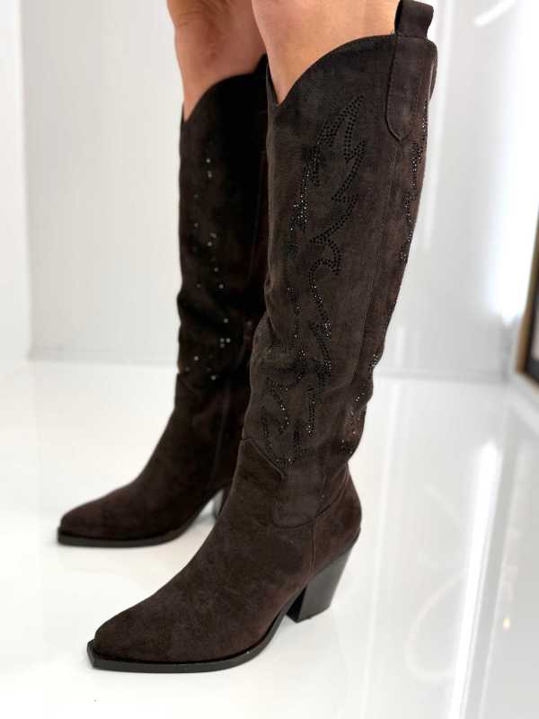 B813 Buty Kozaki Kowbojki Damskie Zamszowe z Cyrkoniami Czekolada