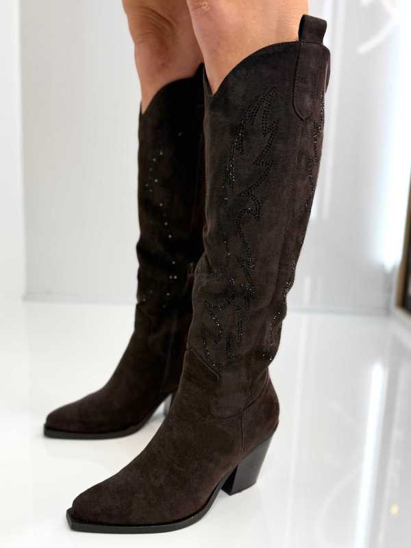B813 Buty Kozaki Kowbojki Damskie Zamszowe z Cyrkoniami Czekolada