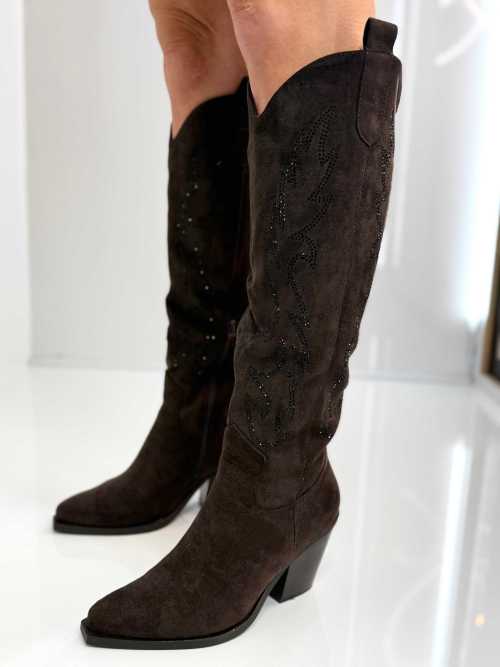 B813 Buty Kozaki Kowbojki Damskie Zamszowe z Cyrkoniami Czekolada