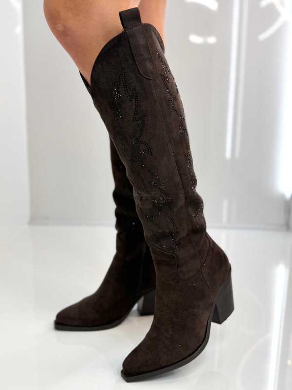 B813 Buty Kozaki Kowbojki Damskie Zamszowe z Cyrkoniami Czekolada