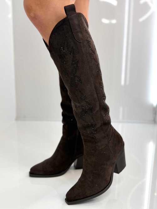 B813 Buty Kozaki Kowbojki Damskie Zamszowe z Cyrkoniami Czekolada