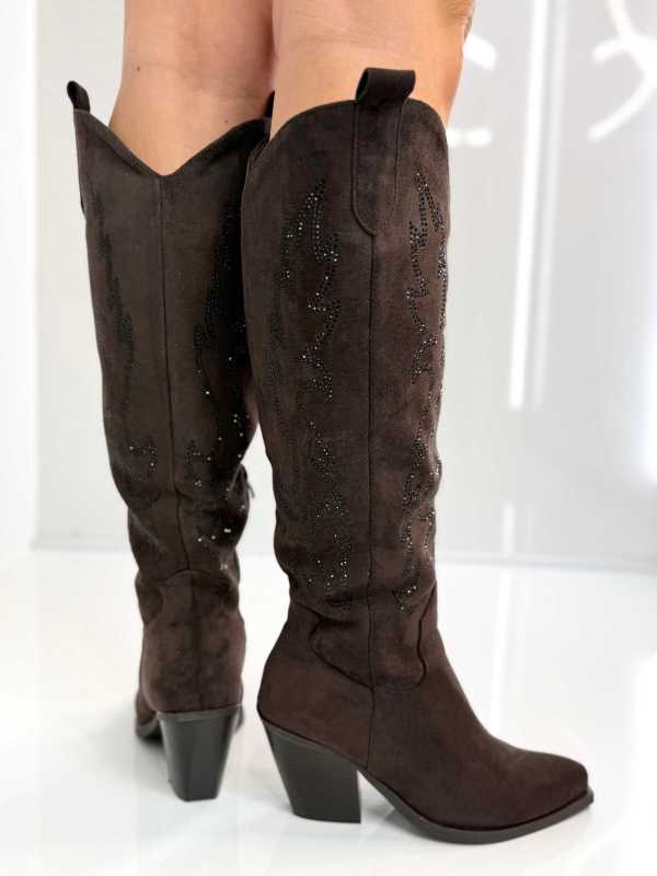 B813 Buty Kozaki Kowbojki Damskie Zamszowe z Cyrkoniami Czekolada
