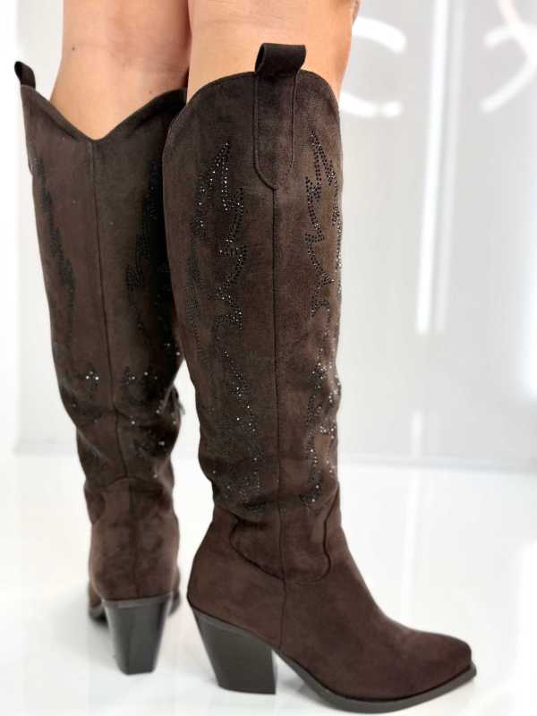 B813 Buty Kozaki Kowbojki Damskie Zamszowe z Cyrkoniami Czekolada