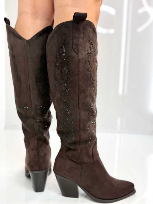 B813 Buty Kozaki Kowbojki Damskie Zamszowe z Cyrkoniami Czekolada