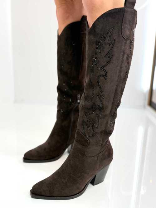 B813 Buty Kozaki Kowbojki Damskie Zamszowe z Cyrkoniami Czekolada