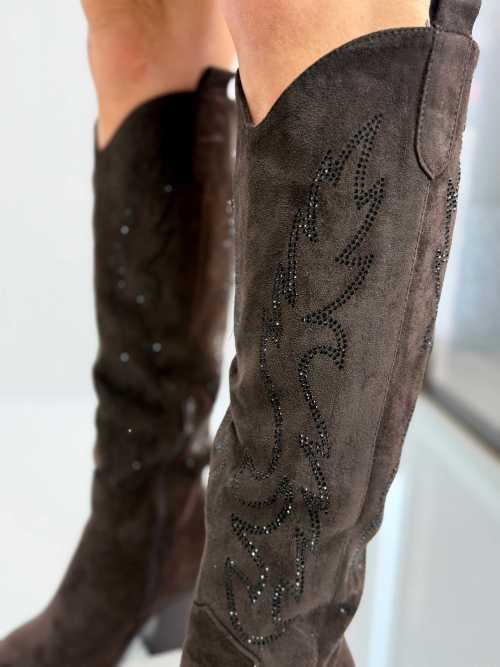 B813 Buty Kozaki Kowbojki Damskie Zamszowe z Cyrkoniami Czekolada