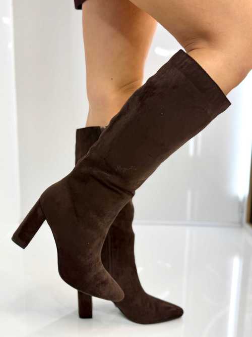 B704 Buty Kozaki Damskie Zamszowe Obsas Słupek Czekolada