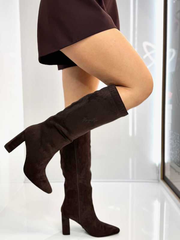 B704 Buty Kozaki Damskie Zamszowe Obsas Słupek Czekolada