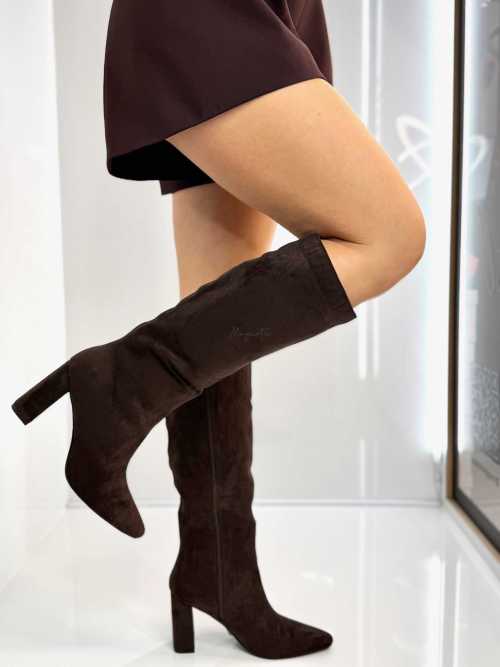 B704 Buty Kozaki Damskie Zamszowe Obsas Słupek Czekolada