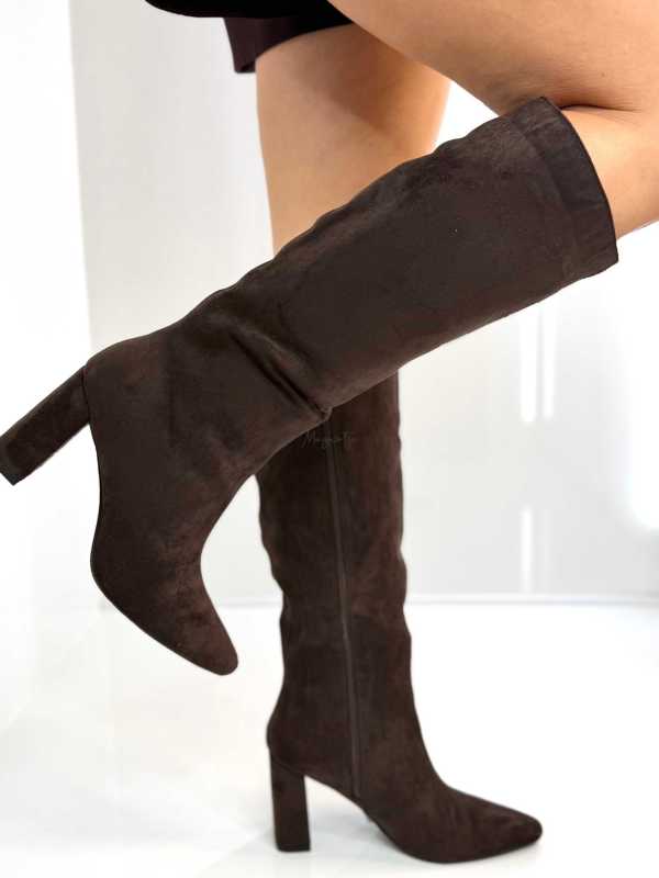 B704 Buty Kozaki Damskie Zamszowe Obsas Słupek Czekolada