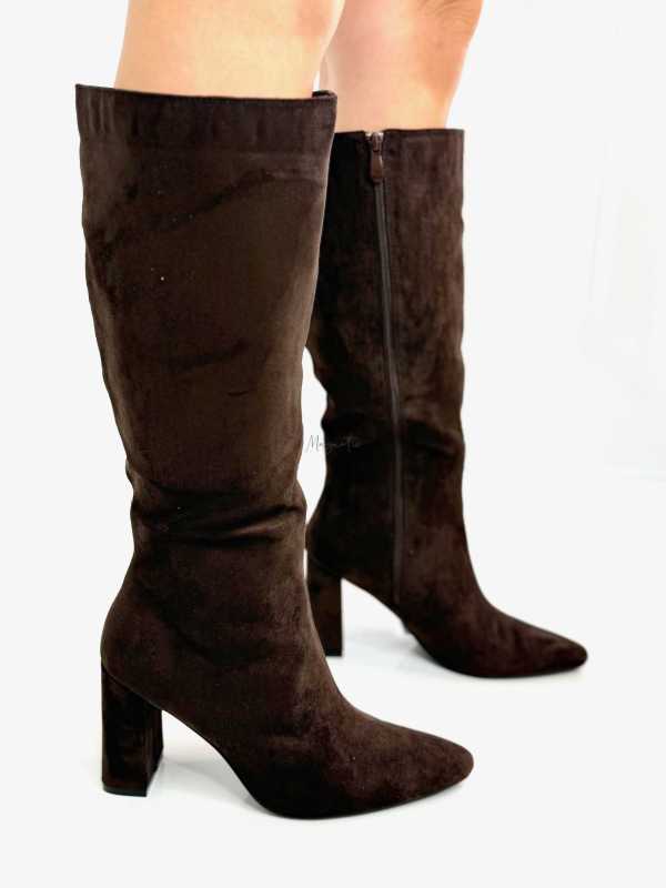 B704 Buty Kozaki Damskie Zamszowe Obsas Słupek Czekolada