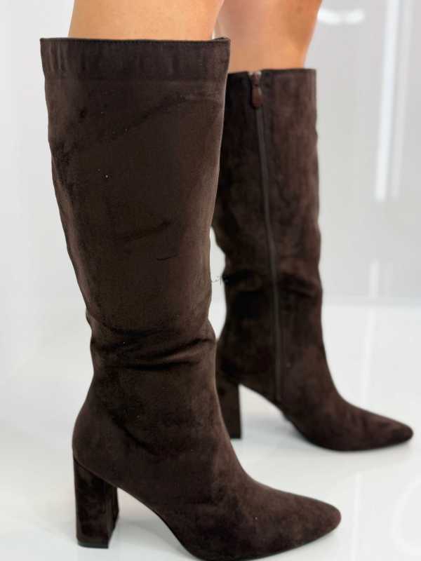 B704 Buty Kozaki Damskie Zamszowe Obsas Słupek Czekolada