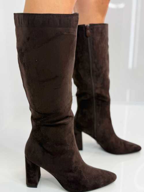 B704 Buty Kozaki Damskie Zamszowe Obsas Słupek Czekolada