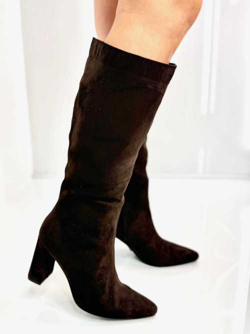 B704 Buty Kozaki Damskie Zamszowe Obsas Słupek Czekolada