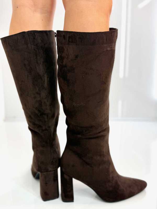 B704 Buty Kozaki Damskie Zamszowe Obsas Słupek Czekolada