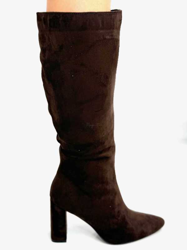 B704 Buty Kozaki Damskie Zamszowe Obsas Słupek Czekolada