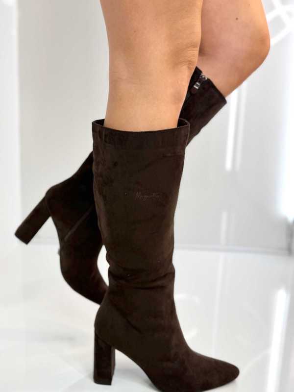 B704 Buty Kozaki Damskie Zamszowe Obsas Słupek Czekolada