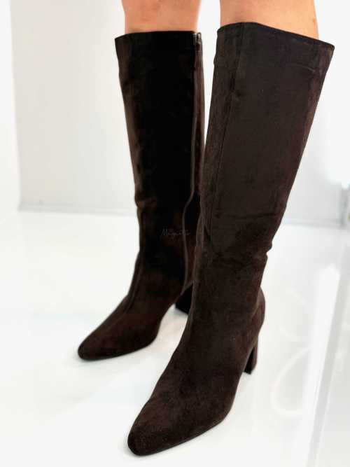 B704 Buty Kozaki Damskie Zamszowe Obsas Słupek Czekolada