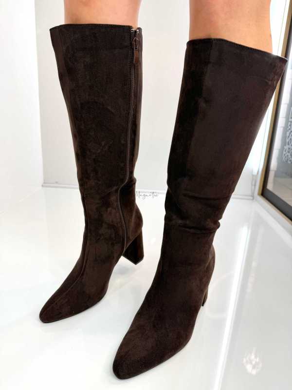 B704 Buty Kozaki Damskie Zamszowe Obsas Słupek Czekolada