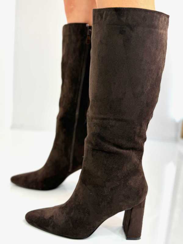 B704 Buty Kozaki Damskie Zamszowe Obsas Słupek Czekolada