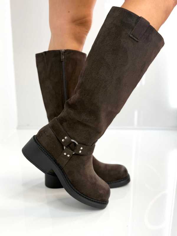 B702 Buty Kozaki Damskie Workery Zamszowe Czekolada