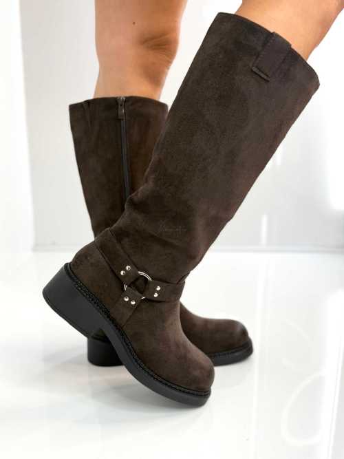 B702 Buty Kozaki Damskie Workery Zamszowe Czekolada