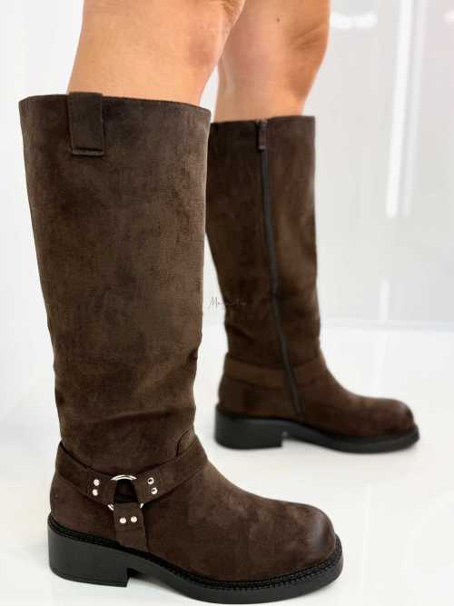 B702 Buty Kozaki Damskie Workery Zamszowe Czekolada