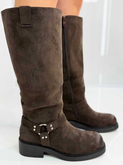 B702 Buty Kozaki Damskie Workery Zamszowe Czekolada