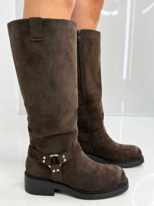 B702 Buty Kozaki Damskie Workery Zamszowe Czekolada