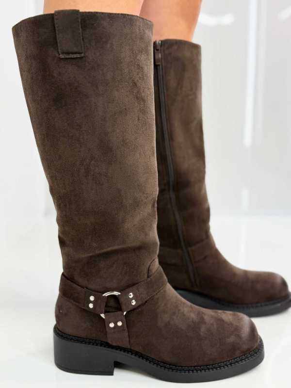 B702 Buty Kozaki Damskie Workery Zamszowe Czekolada