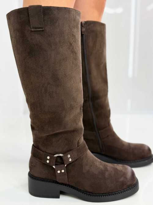 B702 Buty Kozaki Damskie Workery Zamszowe Czekolada