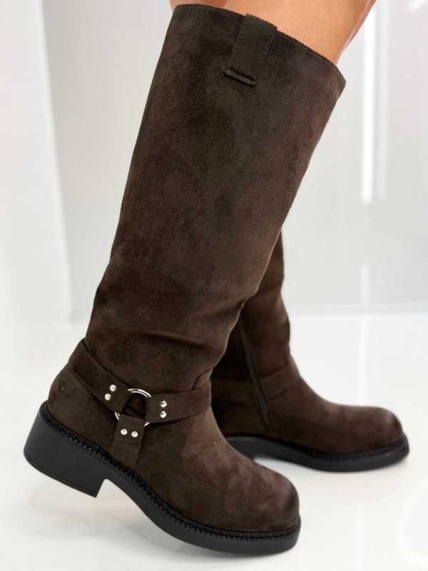 B702 Buty Kozaki Damskie Workery Zamszowe Czekolada