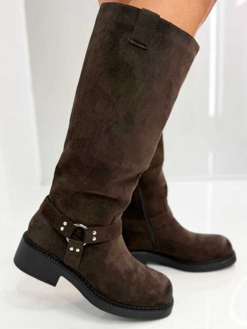 B702 Buty Kozaki Damskie Workery Zamszowe Czekolada