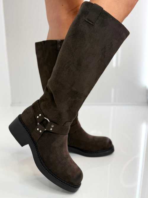B702 Buty Kozaki Damskie Workery Zamszowe Czekolada