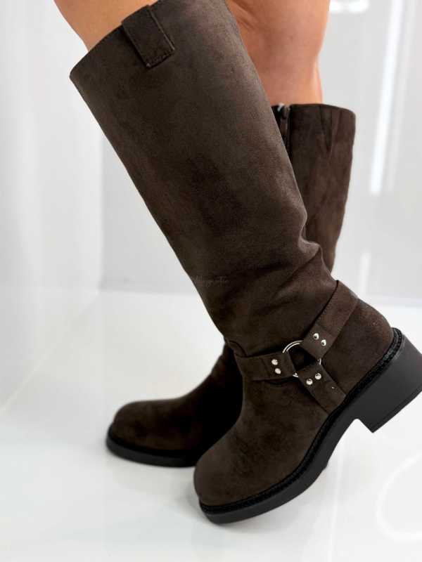 B702 Buty Kozaki Damskie Workery Zamszowe Czekolada