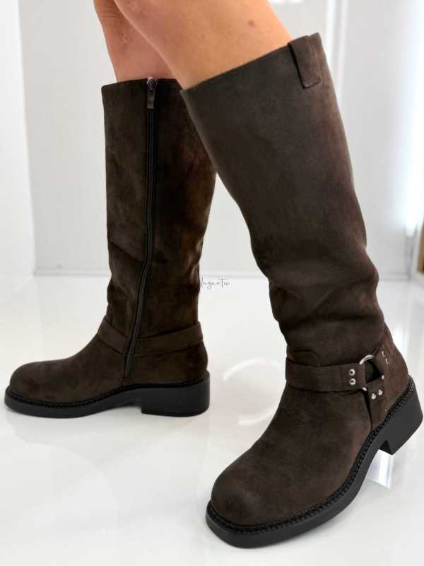 B702 Buty Kozaki Damskie Workery Zamszowe Czekolada