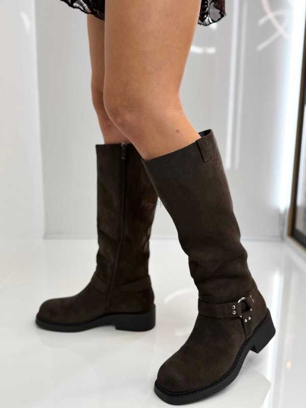 B702 Buty Kozaki Damskie Workery Zamszowe Czekolada