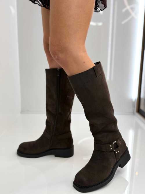 B702 Buty Kozaki Damskie Workery Zamszowe Czekolada