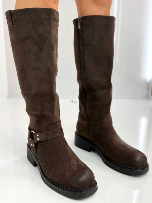 B702 Buty Kozaki Damskie Workery Zamszowe Czekolada