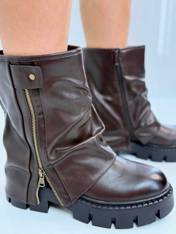 B753 Botki Workery Damskie ZIP Czekolada