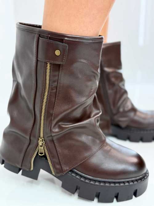 B753 Botki Workery Damskie ZIP Czekolada