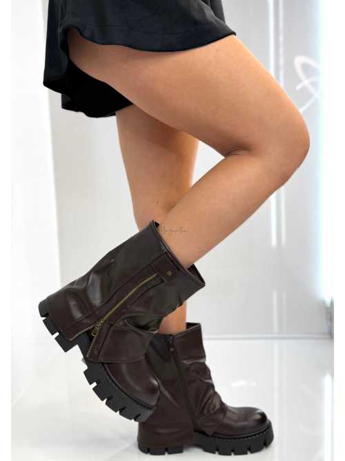 B753 Botki Workery Damskie ZIP Czekolada