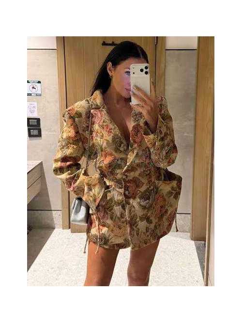 LM169 Marynarka Żakardowa Rosalia Premium Długa Żółta La Milla