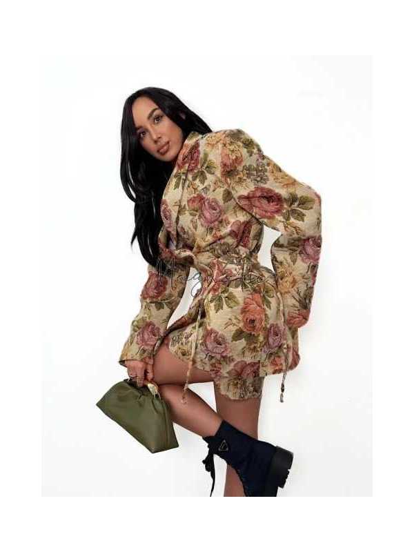 LM169 Marynarka Żakardowa Rosalia Premium Długa Żółta La Milla