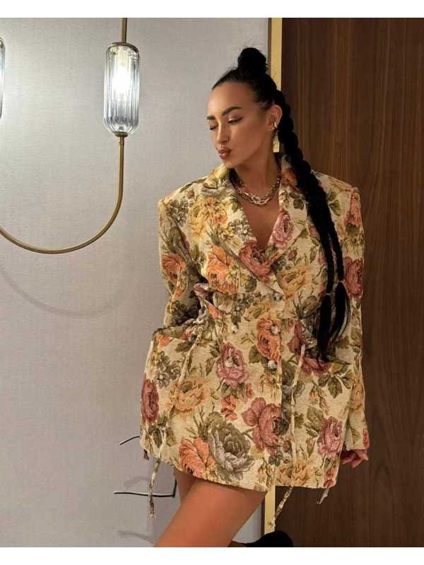 LM169 Marynarka Żakardowa Rosalia Premium Długa Żółta La Milla