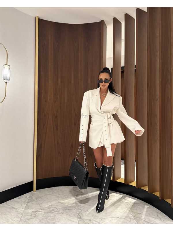 LM185 Elegancka Marynarka/Płaszczyk/Sukienka La Milla z Klamrą Ecru