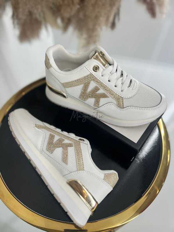 B205 Sneakersy Damskie Białe Adidasy Modne Buty Sportowe Złote Dodatki