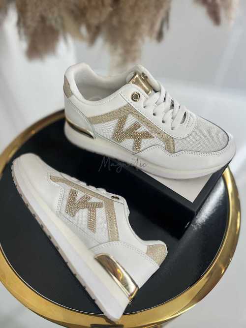 B205 Sneakersy Damskie Białe Adidasy Modne Buty Sportowe Złote Dodatki