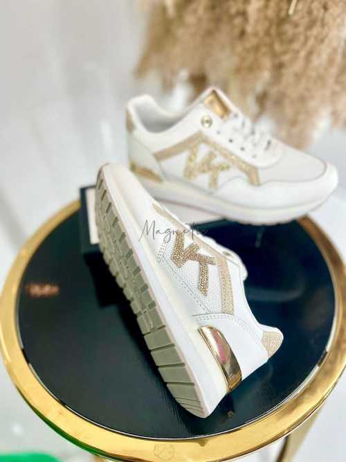 B205 Sneakersy Damskie Białe Adidasy Modne Buty Sportowe Złote Dodatki