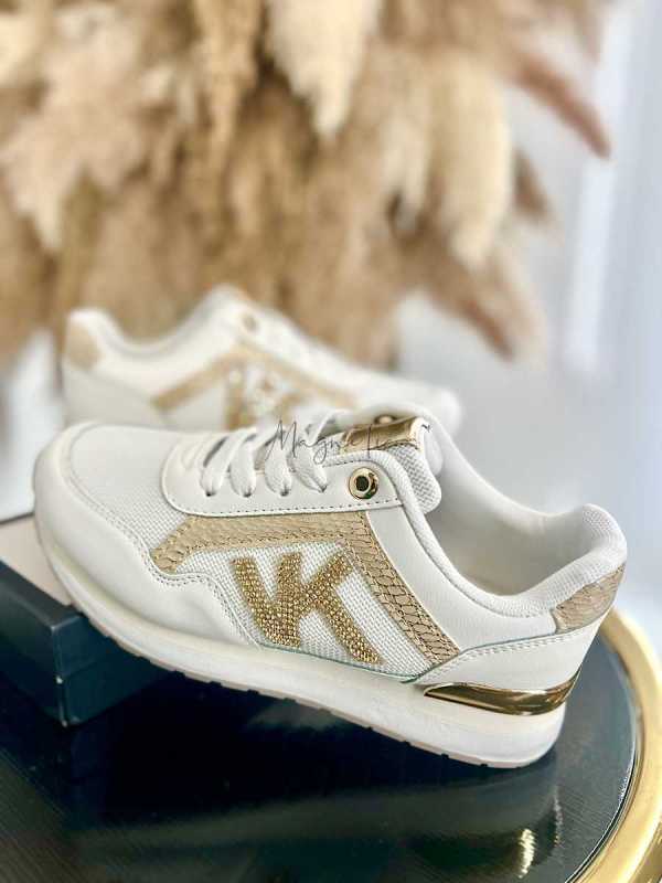 B205 Sneakersy Damskie Białe Adidasy Modne Buty Sportowe Złote Dodatki